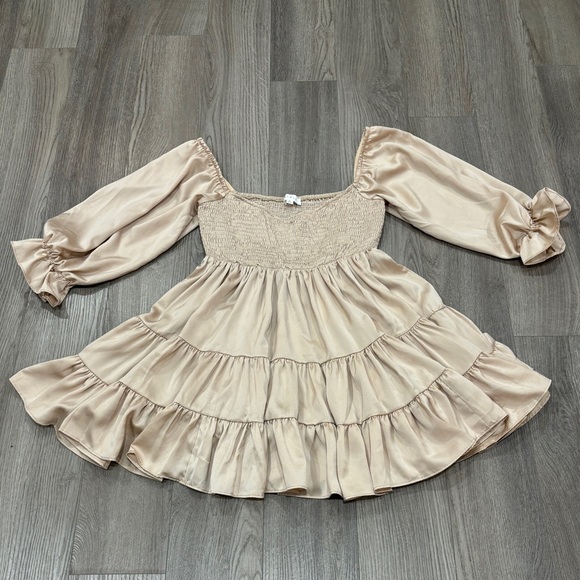 MABLE Size S Ruffle Mini Dress Beige Champagne Emory Smocked SummerDress Women - Picture 4 of 11
